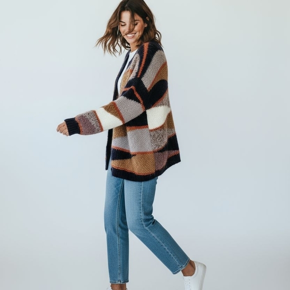 Vintage Sweaters - VINTAGE New Zealand Mixed Knit Mohair Geometric Oversized Cardigan Sweater